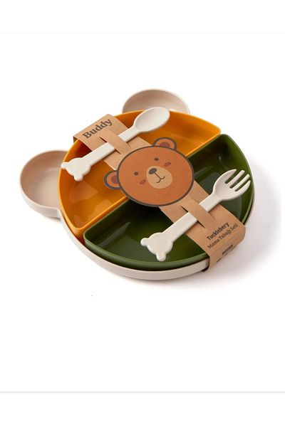 stilsenin34 4 Compartment Food Feeding Plate and Fork Spoon Set (7 Pieces) green