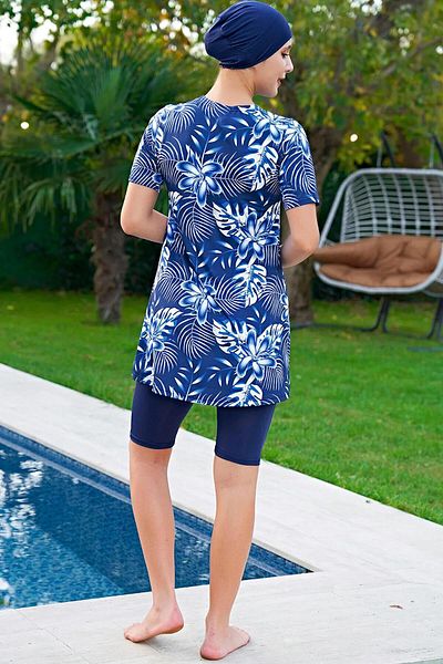 Ruko Maio Women's Large Size Short Sleeve Sax Hijab Swimsuit C6T5N4O2