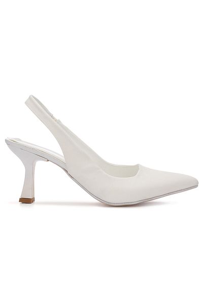 Allyup Casual Women's Pointed Toe Satin Fabric Thin Open Back Heels Model White Evening Dress Shoes 101B