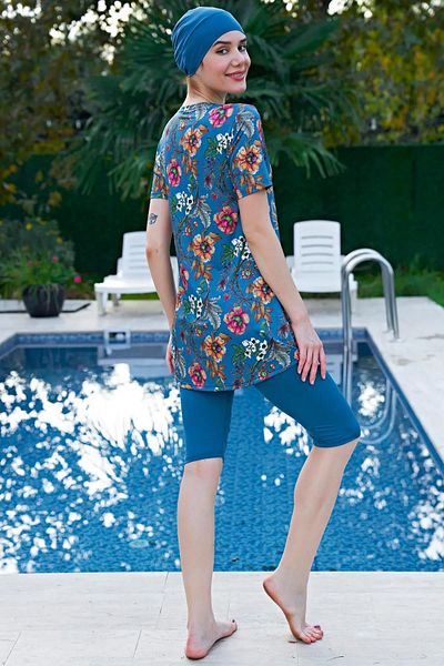 Ruko Maio Women's Large Size Short Sleeve Petrol Hijab Swimsuit C6T5N4O2