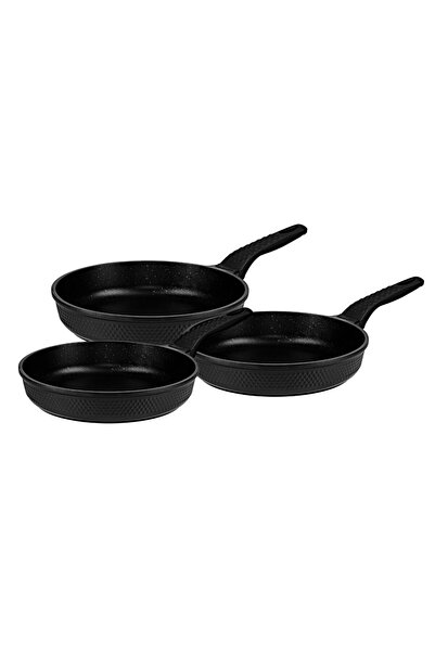 OMS 3737 Fry Pan Döküm Granit 3 Parça Tava Seti Siyah (20-24-28 cm)