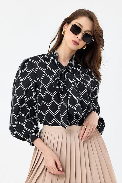 MD trend Women's Scarf Patterned Balloon Sleeve Oversize Blouse Shirt with Shoulder Gather Detail