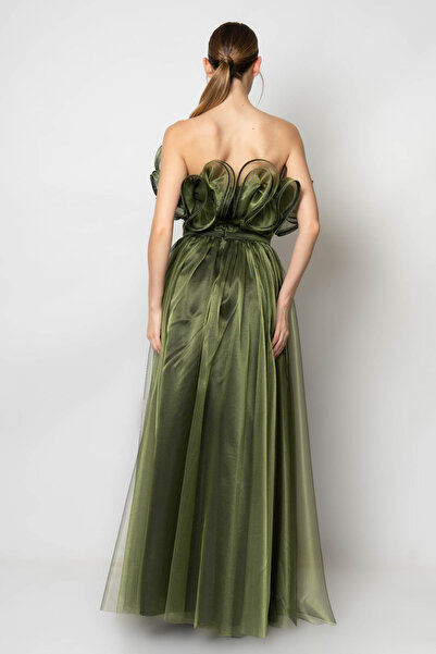 RENGIN Göğsü fırfırlı beli çiçek kemerli tül abiye elbise