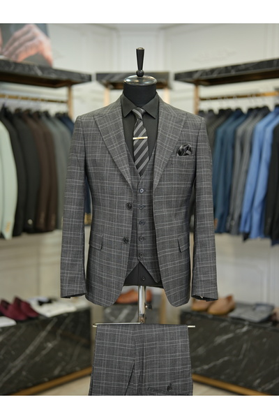 LONATOLİA Men's Plaid Suit Italian Style Slim Fit Jacket Vest Pants-Black