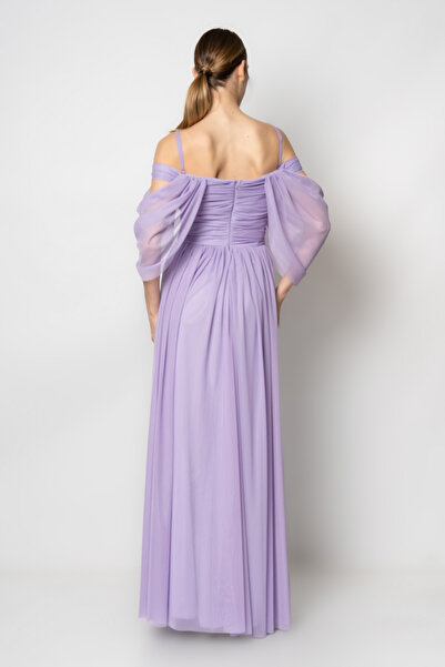 RENGIN Göğsü kruvaze çift askılı tül abiye elbise