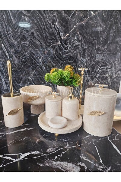 Sümeyra Marble Art Sumeria - Doğal Bej Mermer Banyo Seti | 9 Parça | Gold | Mermer Kase | Cam Kulplu |