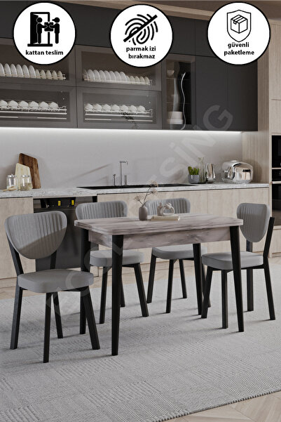 FAYMEND 4lü, Açılır, Döner, Mutfak Masası Takımı, Yemek Masası, Kapalı Ölçü: 75x80 cm - Açık Ölçü: 80x150 cm