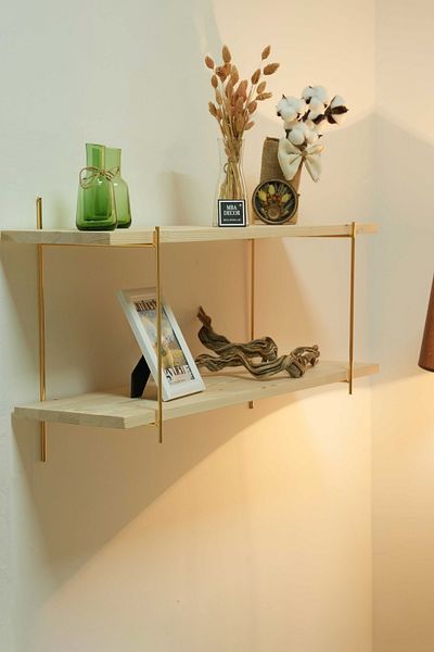 mba decor metal bending art Two Tiers Solid Natural Wood Gold Plated Wall Shelf Bookcase Organizer Large Size Doubleshelf 80X20