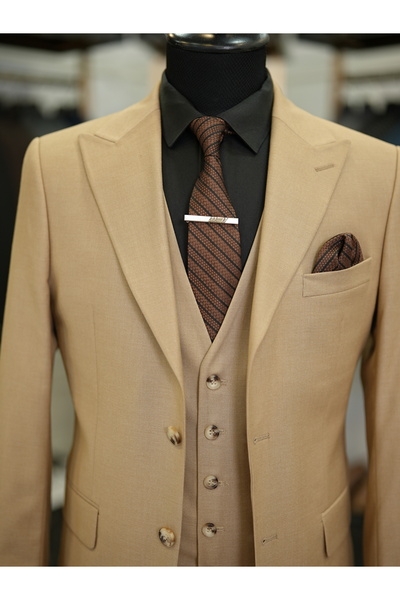 LONATOLİA Erkek Takım Elbise Kırlangıç Yaka İtalyan Stil Slim Fit Ceket Yelek Pantolon-Krem