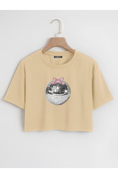 Mad&Calf Γυναικείο μπλουζάκι με στάμπα Disco Ball Oversize Crop