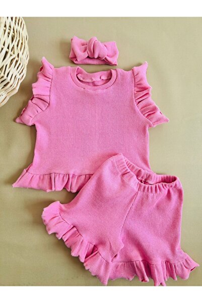eymwes Kız Bebek Çocuk Yazlık Ribana Kumaş Bandanalı Fır Fır Detaylı Şortlu T...