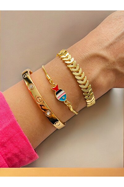 xesha Altın Kaplama 3 lü Kombin Bileklik Seti Gold Renk Kadın Zincir Bilezik Künye Asansör Pandora