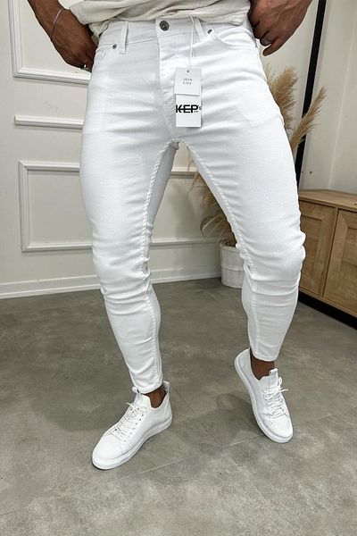 MADZEYMODA Ανδρικό λευκό τζιν Slim Fit Slim-Fit