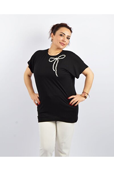 N SHE Siyah Yakası Fiyonk Detaylı Büyük Beden Bluz-XXL/XXXL