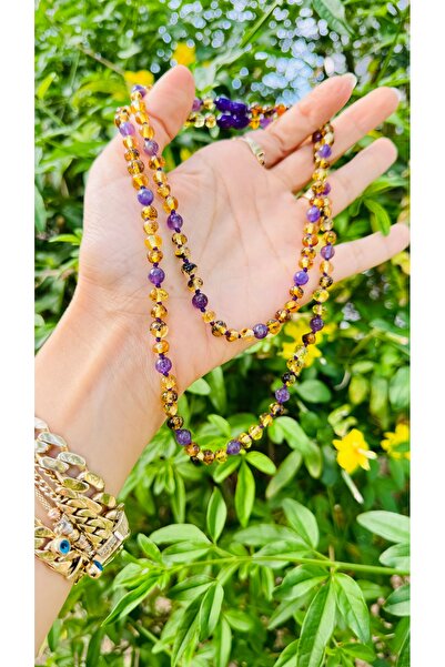 Kehribarkolyecimm anne bebek damla kehribar-Ametist kolye