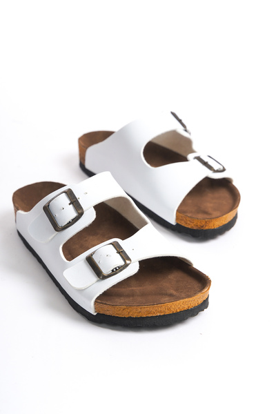 ZİESCE Жіночі білі шкіряні капці з подвійною стрічкою та регульованою пряжкою для щоденного використання