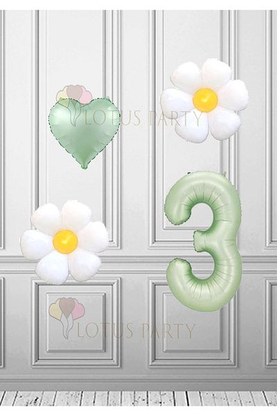 LOTUS PARTY 3 Years Old Water Green Numeral Daisy Foil Balloon - Birthday and Party Supplies