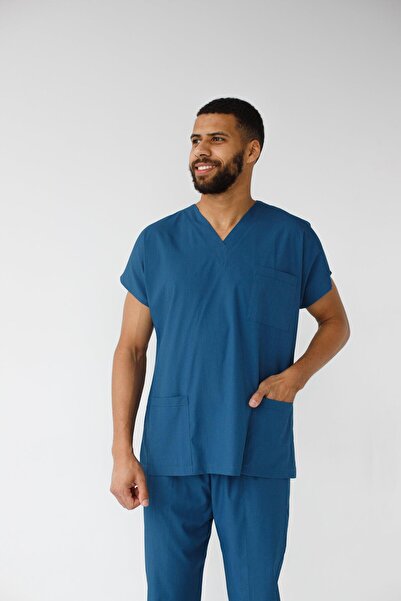 Dr. Mitra Men's Lycra Bat Sleeve Nurse Doctor Suit Petrol Blue