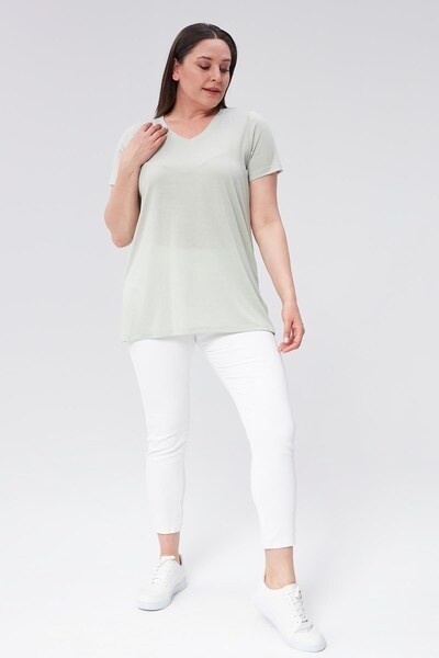Seamoda Plus Size V-Neck Slit Cotton Basic T-shirt-NIL GREEN