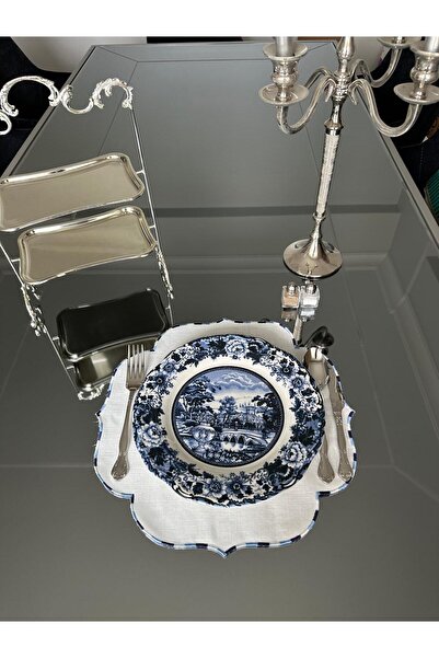 LİNDA MİA Кругла американська сервіровка з льону, блакитна, 6 штук