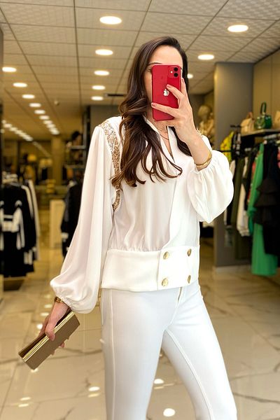 Vosse Miarte Ecru Buttoned Sleeve Sequin Embroidered Blouse