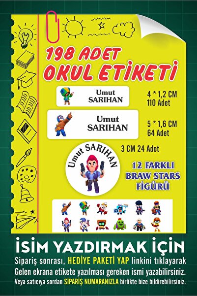 Vice isim Baskılı Defter Kalem Okul Etiketi ( 198 Adet Braw Stars Temalı )
