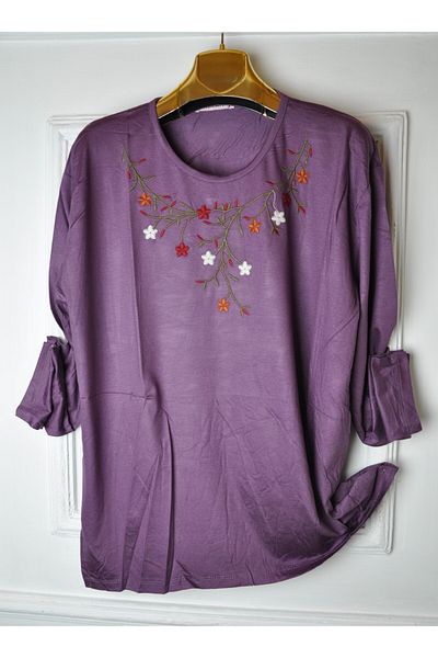 elma abone Plus Size Combed Cotton Embroidered Blouse