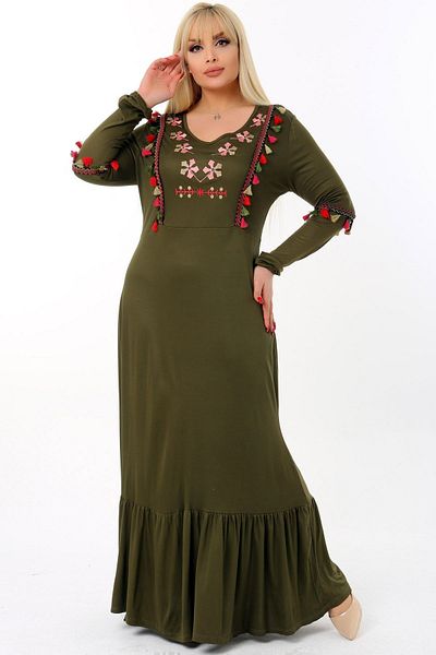 Kheos Embroidered V-Neck Tasseled Ruffle Skirt Long Sleeve Full Length Dress