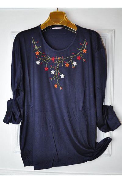 elma abone Plus Size Combed Cotton Embroidered Blouse
