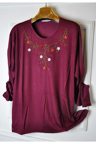 elma abone Plus Size Combed Cotton Embroidered Blouse