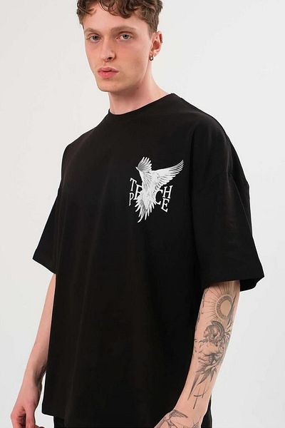ESSFASIHON Unisex Oversize με στάμπα στην πλάτη με ραβδωτό γιακά μπλουζάκι από χτενισμένο βαμβάκι
