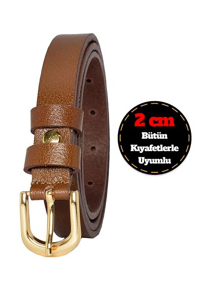 GoDeri 100% Genuine Leather, Color Buckle Thin 2 cm Light Brown Women's Belt; Dress, Trouser Belt_plain