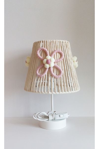 C&A&B KUZEY AVİZE Macrame Rope Wrap with Pink Flower Applique and Flower Pompom Baby Girl and Children's Room Lampshade