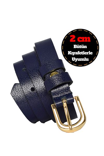 GoDeri Navy Blue Women's Belt - 100% Genuine Leather, 2 cm Buckle, Thin Design, Dress and Pants Belt