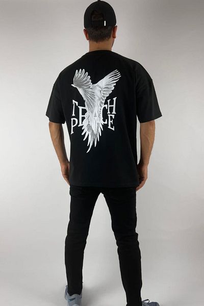 ESSFASIHON Unisex Oversize με στάμπα στην πλάτη με ραβδωτό γιακά μπλουζάκι από χτενισμένο βαμβάκι