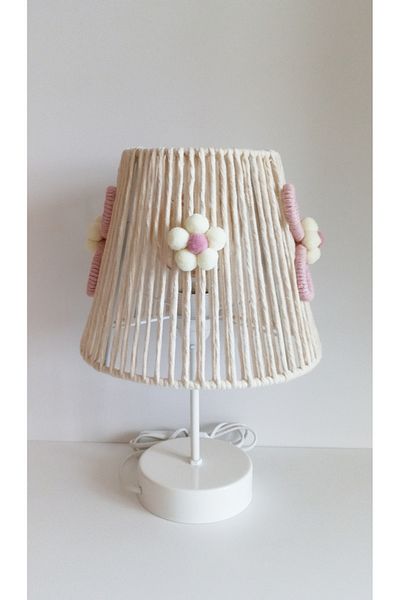 C&A&B KUZEY AVİZE Macrame Rope Wrap with Pink Flower Applique and Flower Pompom Baby Girl and Children's Room Lampshade