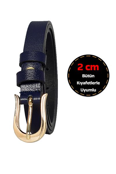 GoDeri 100% piele naturală, curea subțire de 2 cm bleumarin pentru femei cu cataramă de culoare aurie; Rochie, Pantaloni Belt_atnlı