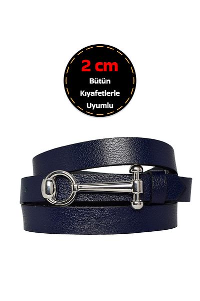 GoDeri Curea de damă bleumarin - 100% piele naturală, 2 cm subțire, cataramă argintie; Curea Rochie și Pantaloni - ANHT