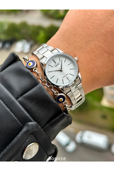 Q&Q Waterproof Silver Color Steel Cord Women's Wristwatch and Bracelet Set