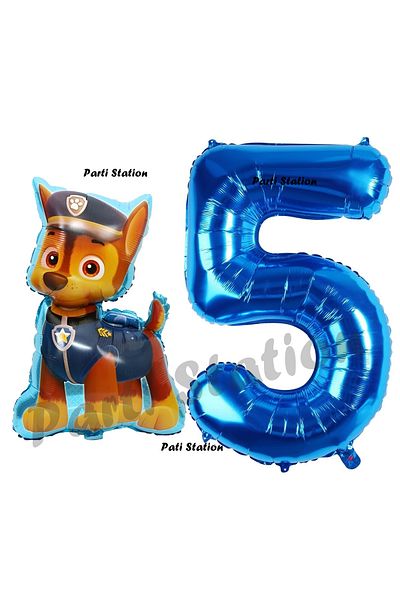 Parti Station Paw Patrol Balloon and Navy Blue Figure Birthday Set - 5 Year Old Chase Dog Police