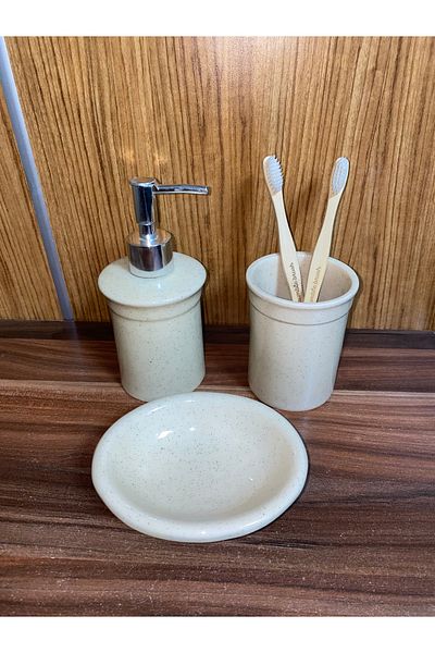 RED SERAMİK Ceramic Dara Collection - 3 Piece Glitter Beige Bathroom Set