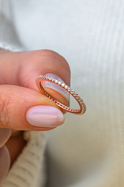 Nereze 925 Ayar Gümüş Rose Kaplama Tek Sıra Tamtur Yüzük