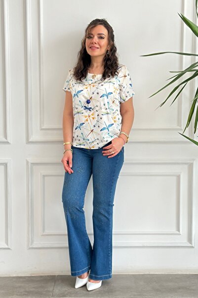 Yağmur Butik Kendinden Kolyeli Yusufçuk Desenli Bluz