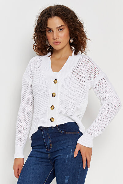 Hopoi Women's Ecru Mesh Openwork Cardigan Hop85009