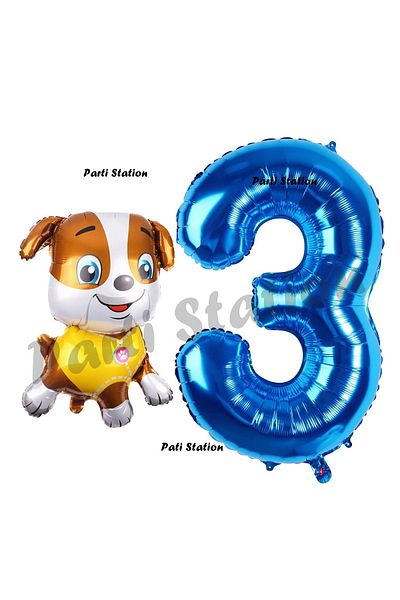 Parti Station Paw Patrol Rubble Dog 3 Years Old Balloon and Navy Blue Number Birthday Party Set