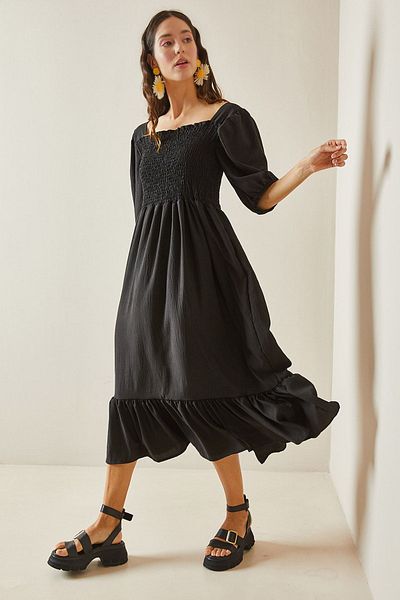 XHAN Black Square Collar Guiped Midi Dress 5YXK6-48481-02