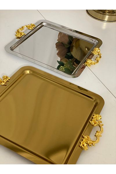 Mineli-Aşk 1 Piece Serving and Presentation Tray with Gold and Silver Square Handles
