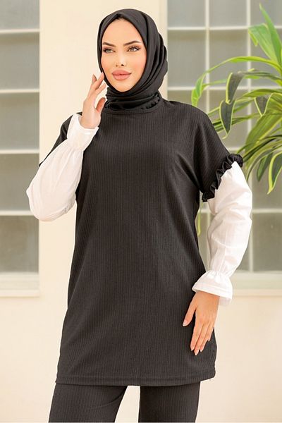 Bestenur Σετ χιτώνα και παντελόνι Black Wrap Ruffle - 865