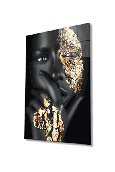Rosyvien Tablou din sticlă portret de femeie neagră cu detalii aurii, decor a...