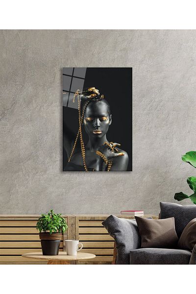 Rosyvien Gray Woman Portrait Glass Painting with Gold Detail, Home Office Abstract Wall Decor, Gift, Tempered Glass